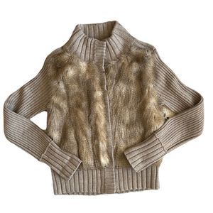 Club Monaco Women's Taupe Wool and Faux Fur Button Down Ribbed Cardigan Size M
